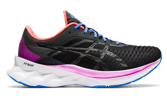 Asics NOVABLAST women's running shoe in black with a white sole and pink and blue accents