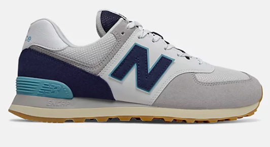 New Balance 574 Core Plus sneaker with gray, dark blue, white and teal coloring