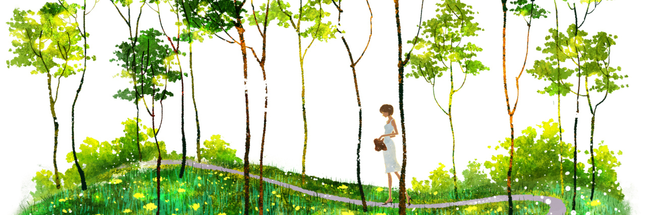 A watercolored illustration of a girl walking along a path, surrounded by trees.