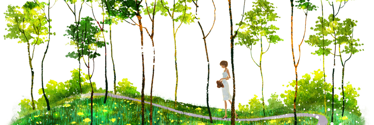 Fibromyalgia, Pain: Realizing You Don't Have Control Over Your Health A watercolored illustration of a girl walking along a path, surrounded by trees.