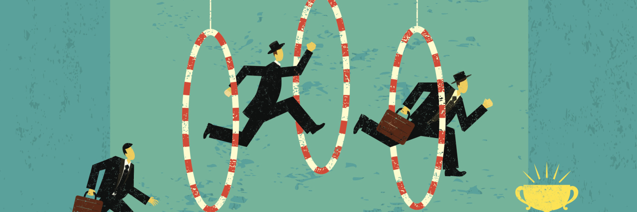Changing Public Perception of People With Disabilities Businessmen having to jump through hoops, held by strings from a hand.