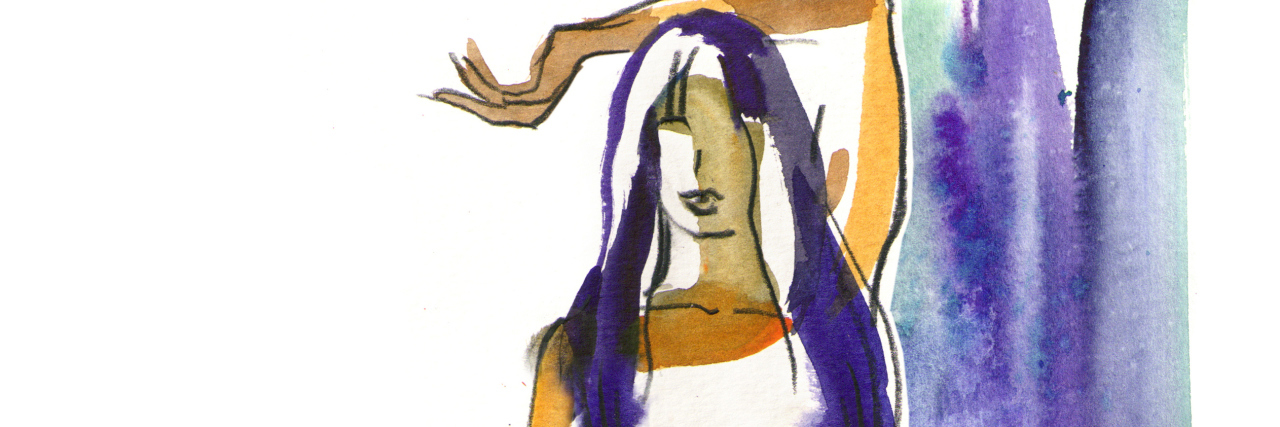 watercolor painting of a woman with purple hair