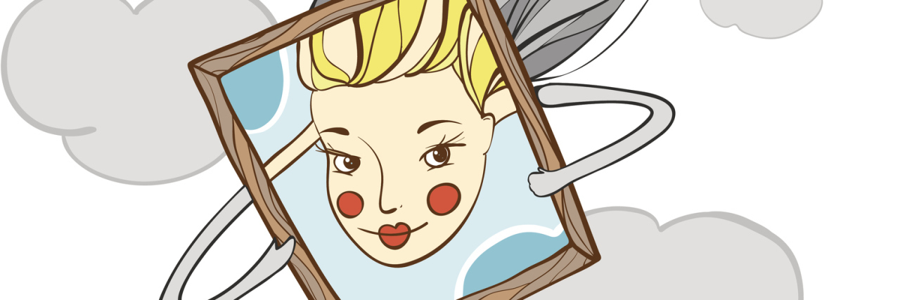 How Being Chronically Ill Helped Me Become Chronically Grateful A woman free falling from the sky, her body grey with her face in a colorful frame.