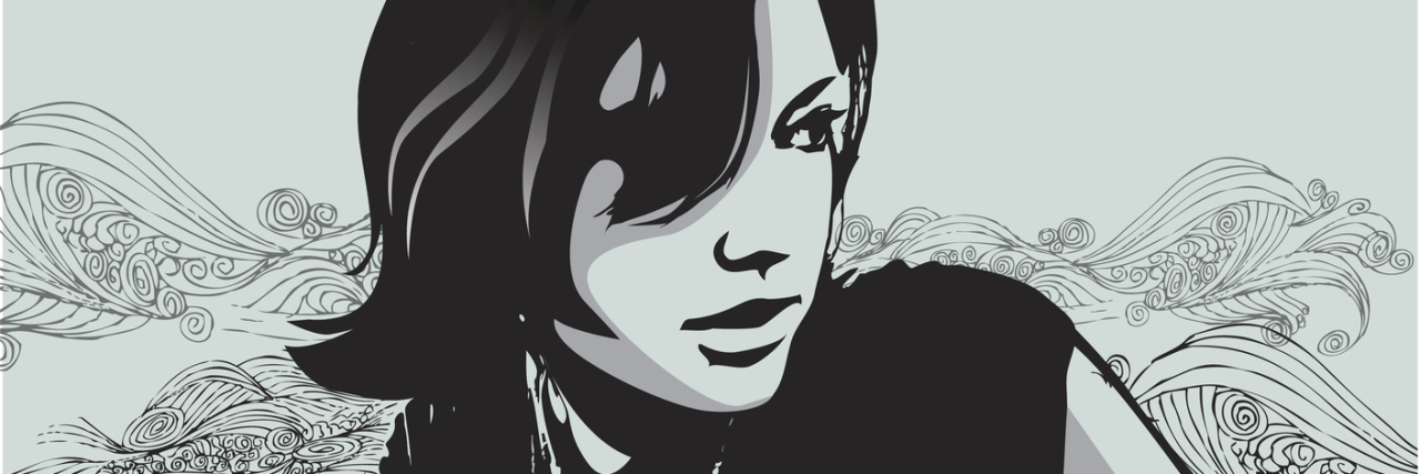 The Lies Anxiety Tries to Make Me Believe Young attractive woman in expressive pose with flowers and cloud shapes around her