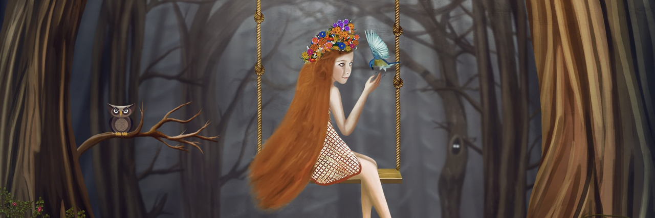 An illustration of a girl sitting on a swing in the woods, with a bird on her finger.