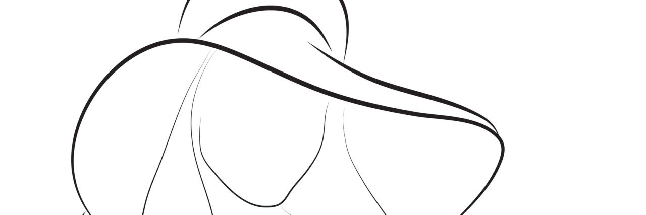 A sketched outline of a woman with a hat on.