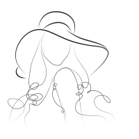 A sketched outline of a woman with a hat on.