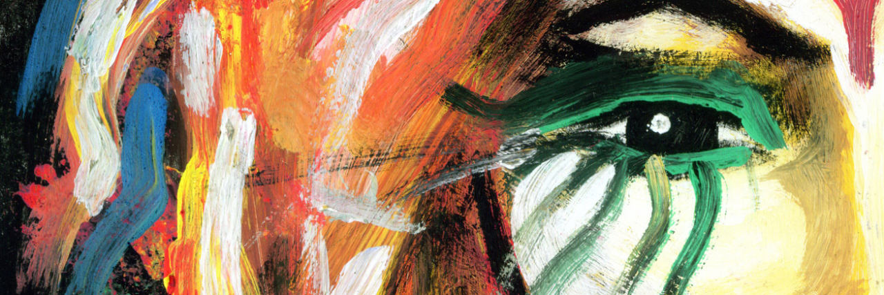 Painting detail with woman's eye and abstract rainbow painted background