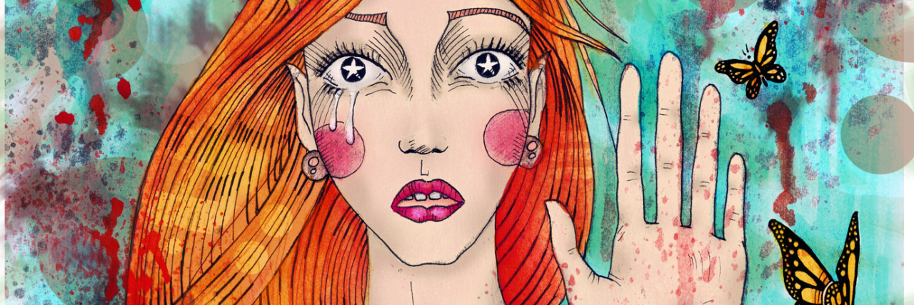 Why Depression Makes Me Think It's My Friend Portrait of a pretty girl with long hair and eyes wide open. Butterflies flying through her heart.