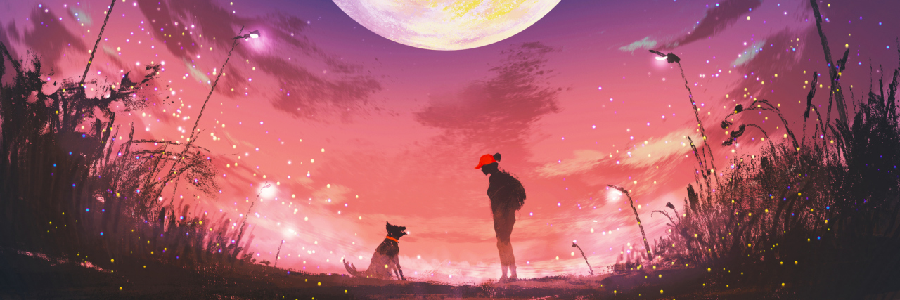 Happiness Isn't a 'Choice' When You Live With Depression young woman with dog at beautiful night with huge moon above,illustration painting