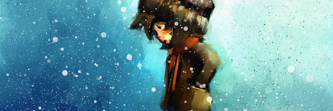 digital painting of little girl walking in winter outdoor