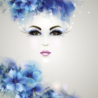 An illustration of a woman's face with blue flowers on her head.