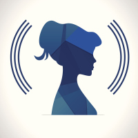 A silhouette of a woman with bars around the head.