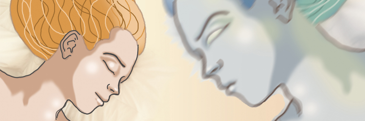 My Depression Does Define Me On the left side woman sleeping peaceful , on the right side blue skinned girl with green hair and evil face