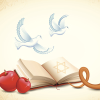 An illustration for Yom Kippur, illustrating doves, apples, a book, and horn.