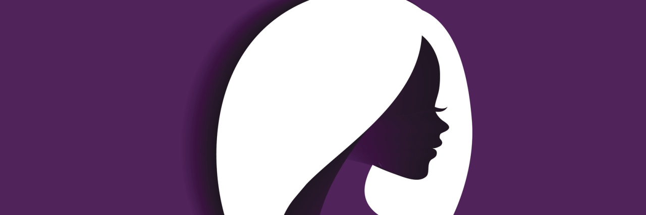 A silhouette illustration of a woman with a purple backing.
