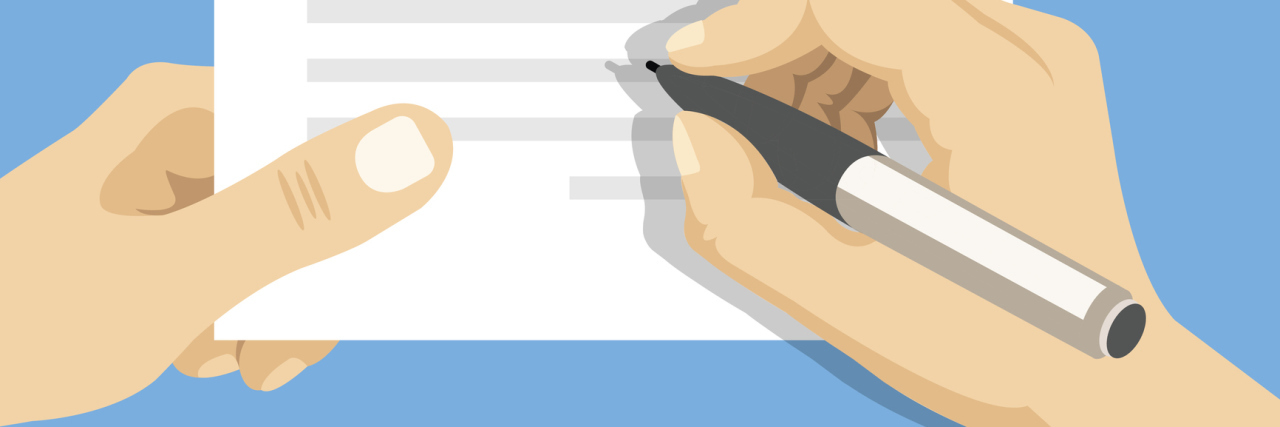 3 Ways Writing Helps Me Cope With My Anxiety Hands holding sheet of paper with text and pen. Sign document, writing, contract review, paperwork, treaty, dictation concepts. Flat vector illustration