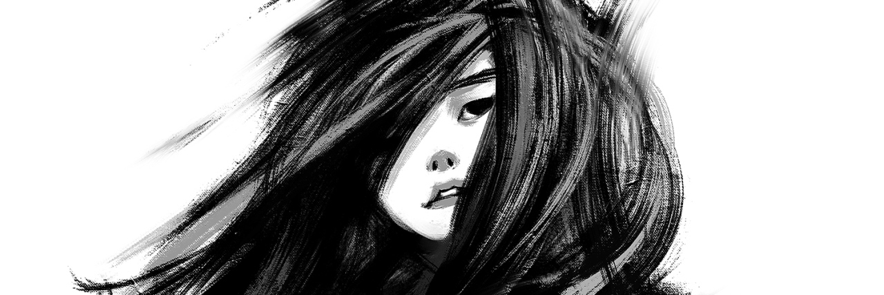 7 Ideas to Help You Talk About Your Chronic Pain Digital paining of a woman with long hair, monochrome.