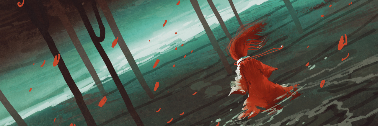 To Those Who Have Trouble With Self-Love woman in red walking on swamp lake,river,trees,scenery,llustration digital painting