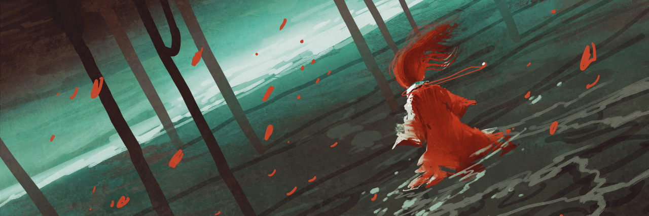 woman in red walking on swamp lake,river,trees,scenery,llustration digital painting