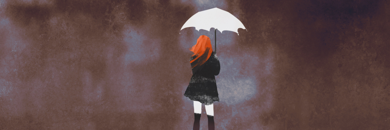 How to Deal With Negative Thoughts During Health Issues illustration of woman with umbrella and red hair