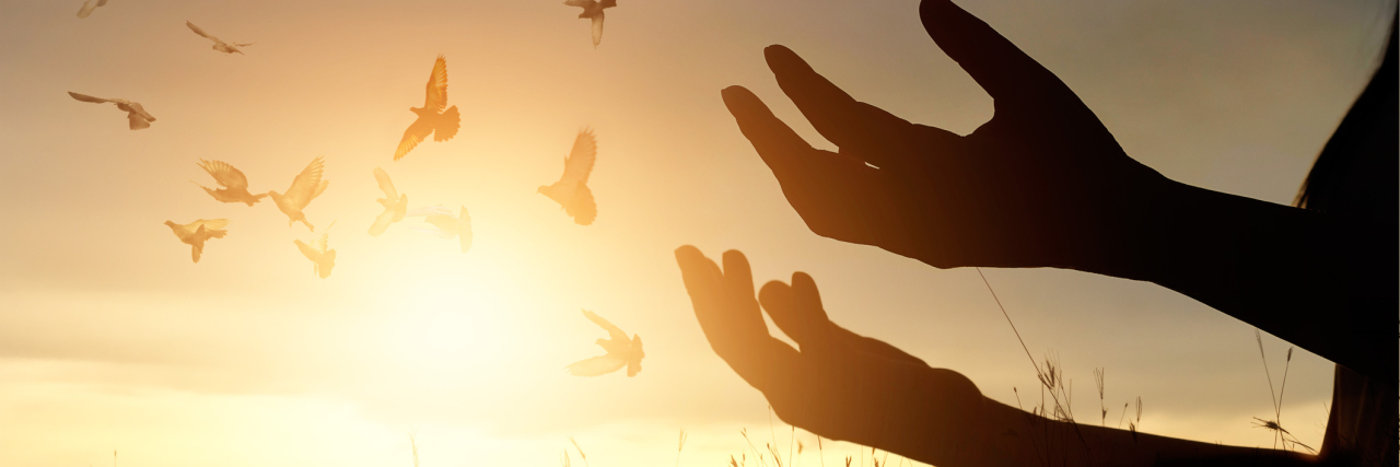 The Most Life-Changing Decision Since My Breast Cancer Diagnosis Woman praying and free bird enjoying nature on sunset background