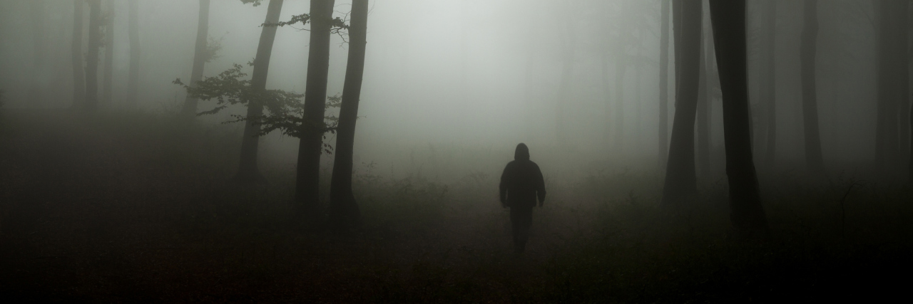 Spooky silhouette in scary misty forest