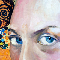 painting of a woman's eyes with abstract orange background