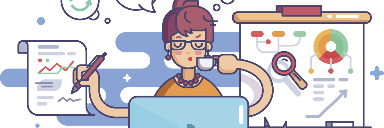 Working on My Masters Degree With Fibromyalgia and Chronic Illness illustration of woman working at her desk