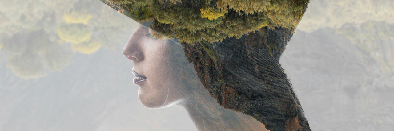 double exposure photo of a woman wearing a hat and mountains and sky