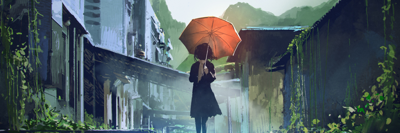 How I'm Living With the Dual Diagnosis of Bipolar and Borderline mysterious woman holds orange umbrella standing on street in abandoned city with digital art style, illustration painting