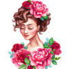 illustration of woman with pink and red roses around her head