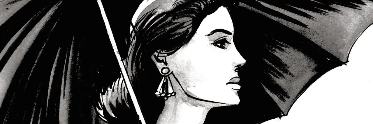 When Anxiety Makes You Feel 'Weak' Ink illustration of a pretty woman standing in the rain under the black umbrella