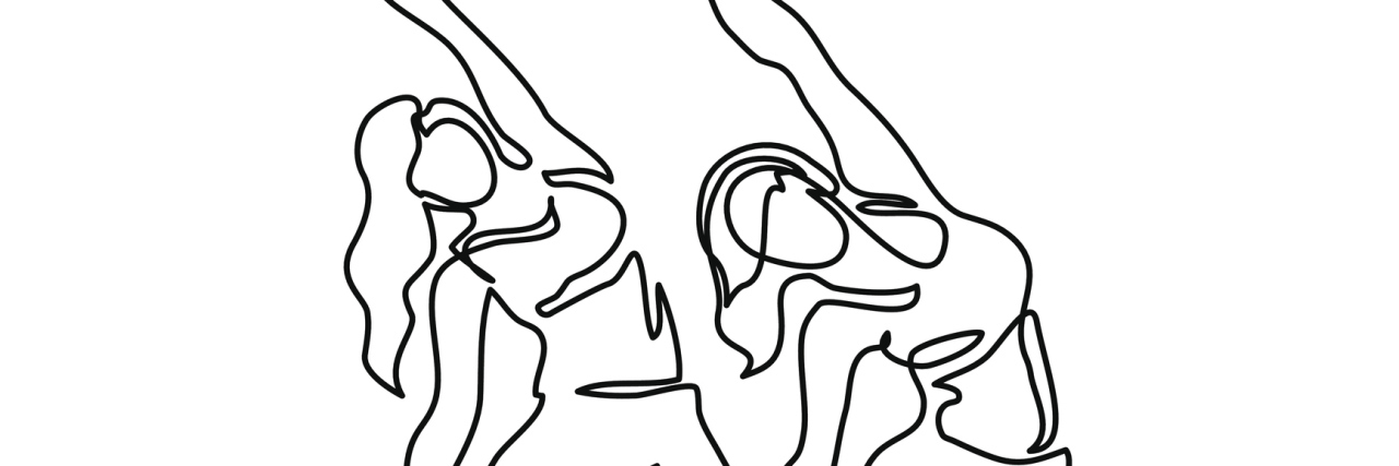 A continuous line image of two women doing yoga.