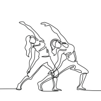 A continuous line image of two women doing yoga.