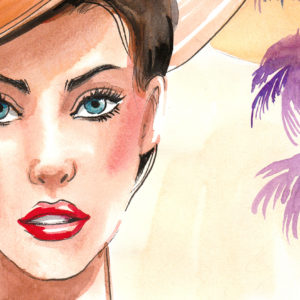Watercolor portrait of a beautiful woman in the hat with a palm trees in the background