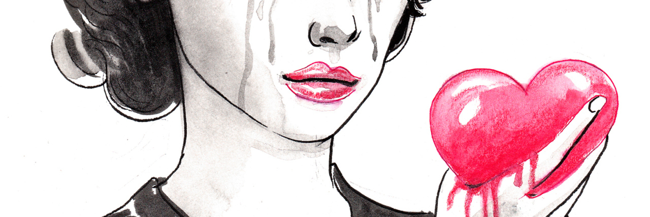 Why Love Can't Save Me From Depression and Anxiety ink sketch of crying girl looking at bleeding heart shape
