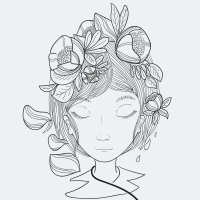 An artistic sketch of a young woman's face with flowers in her hair.