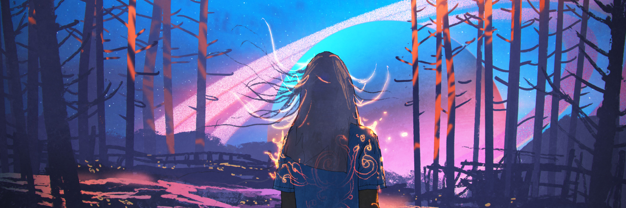 Feeling Anger Over Childhood Emotional Abuse woman standing alone in forest with fictional planets background, digital art style, illustration painting