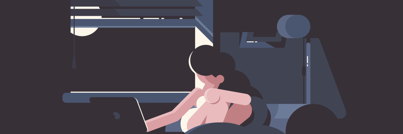 vector art of girl at night sitting in bed with laptop