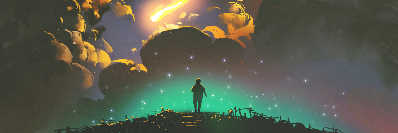 Please Stop Telling Me My Mental Illness Is 'All in My Head' night scenery of a boy looking the meteor in the colorful sky, digital art style, illustration painting