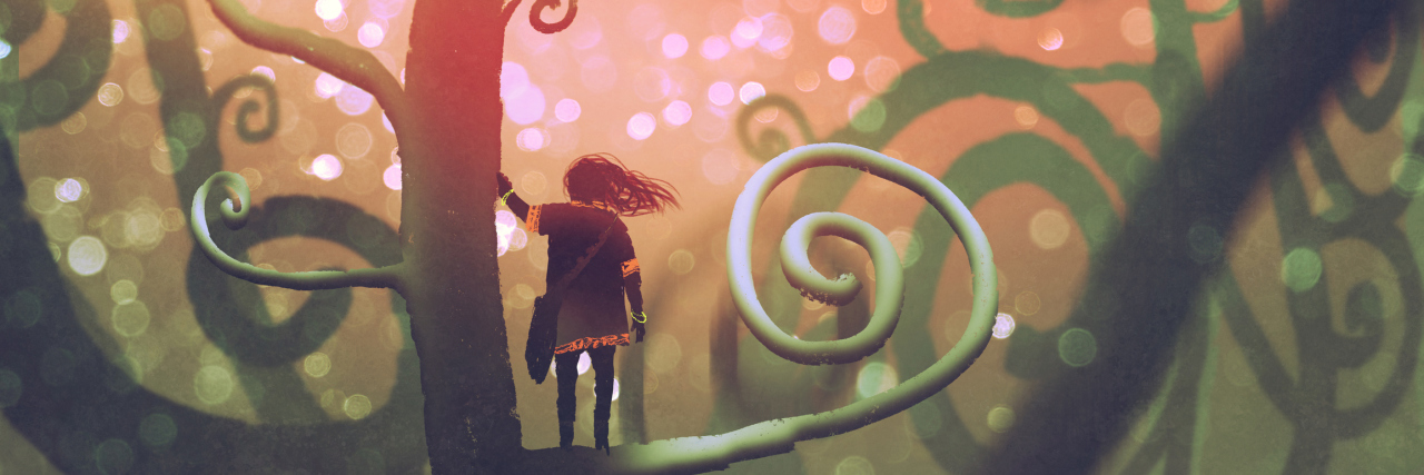 girl standing on a branch of a fantasy tree in enchanted forest, digital art style, illustration painting