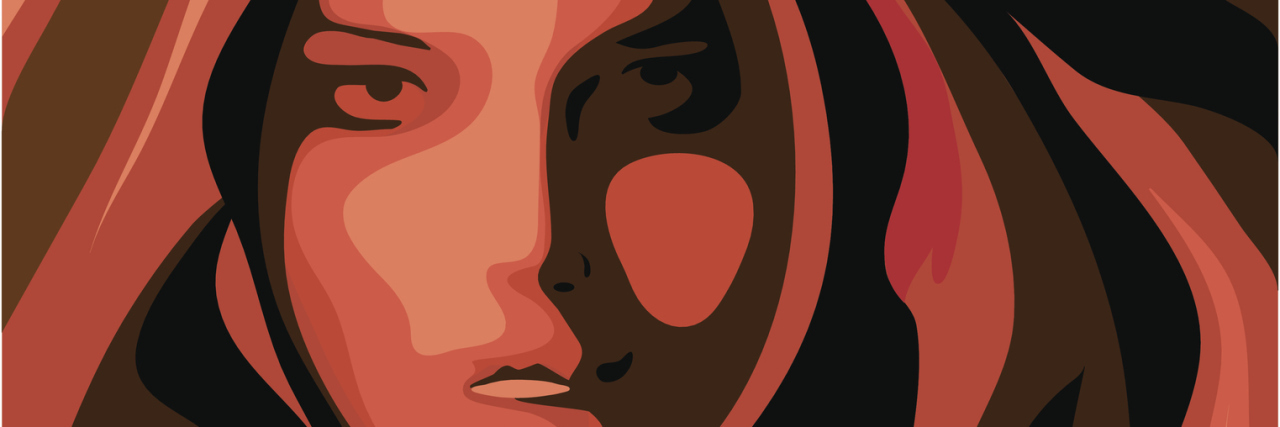 Why I’m Finally Getting Angry at Anorexia painted woman with hair flowing in black and red