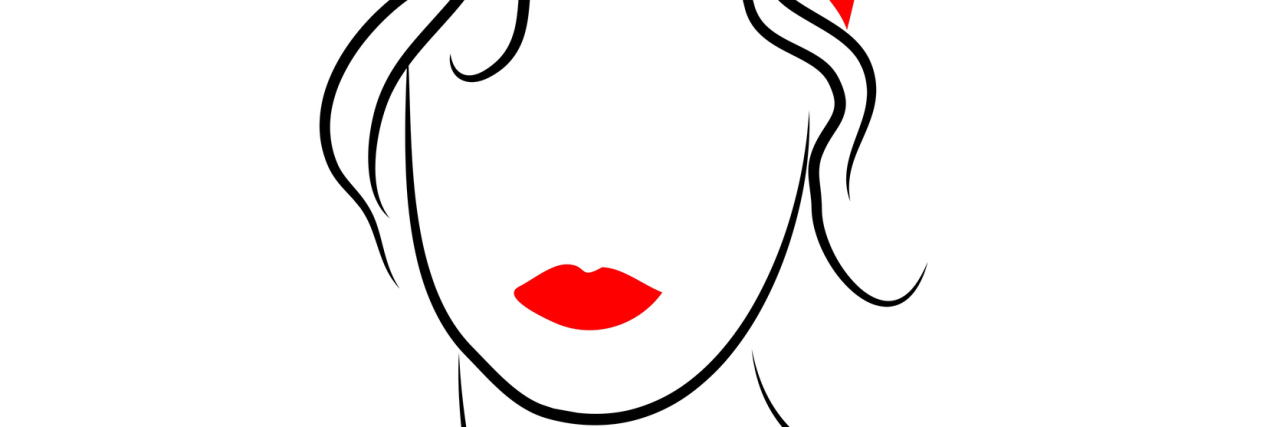 An outline of a woman with red lipstick and a red headband.