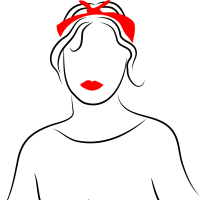 An outline of a woman with red lipstick and a red headband.
