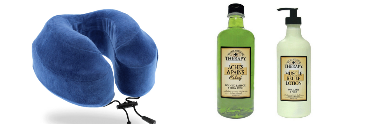 blue neck pillow and village naturals lotion and body wash