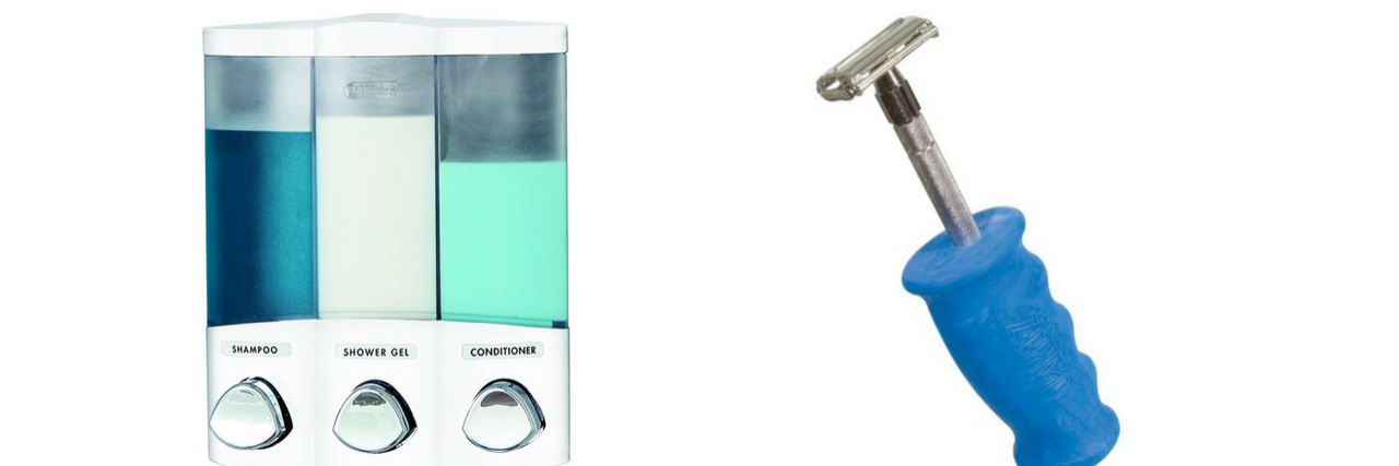 soap dispenser and razor with grip
