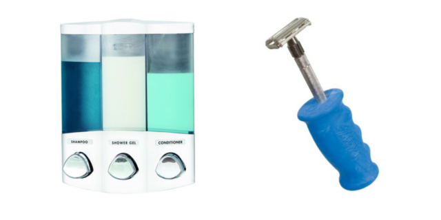 soap dispenser and razor with grip