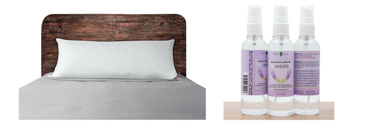 body pillow on a bed and lavendar pillow spray