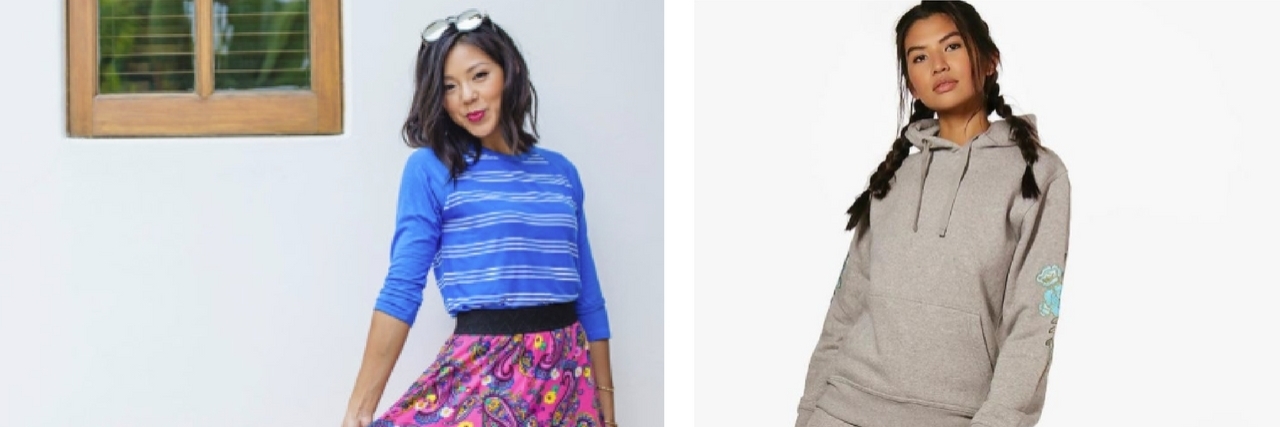 12 Brands That Offer Comfy Clothes That Aren't Leggings woman wearing pink skirt and blue shirt and woman wearing gray tracksuit